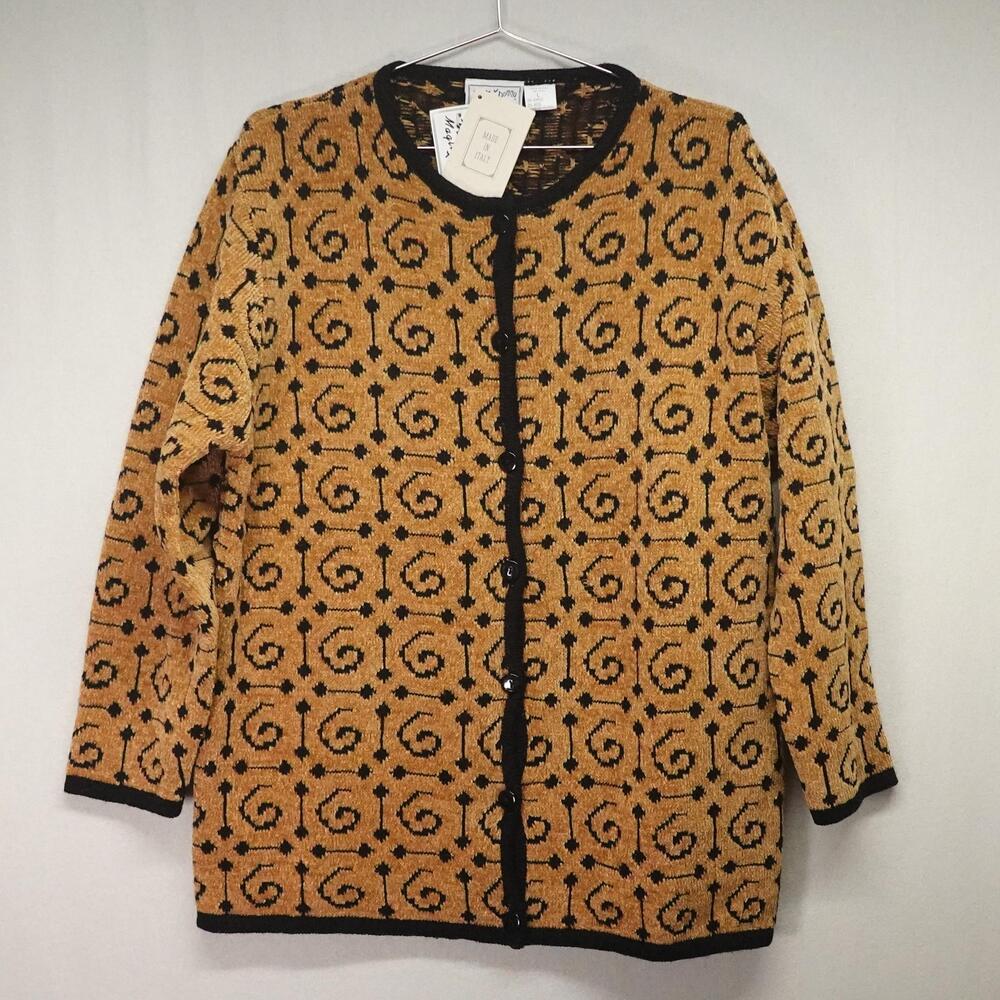 VTG Cardigan Sweater Womens Large Gold Geometric Wool Blend Italy Maglia Donna